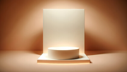 Fototapeta premium images of a modern, minimalist product display podium set in a soft sky environment, illuminated by ambient light. The design is clean, contemporary, and inviting, perfect for showcasing premium produ