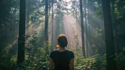 Woman facing away, standing in a dense forest with sunlight filtering through the tall trees generative ai