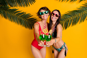 Photo of adorable charming ladies wear bikini cheering alcohol beverages empty space isolated...