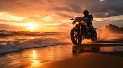 Obraz na płótnie Canvas Silhouette rider riding motor big bike on beach at sunset, summer travel concept