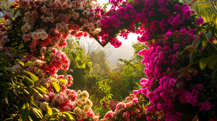 Heart-shaped garden blooms with vibrant flowers. Concept of love in nature's beauty, valentine's day