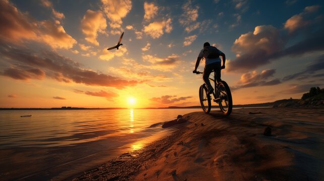 Silhouette rider riding motor big bike on beach at sunset, summer travel concept