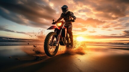 Obraz na płótnie Canvas Silhouette rider riding motor big bike on beach at sunset, summer travel concept