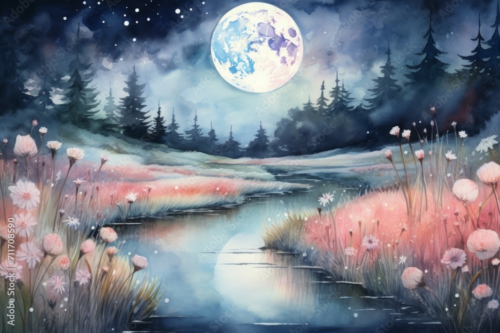 Sticker Serene Moonlit Meadows - Generative AI