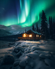 Lodge with the northern lights, in the style of whimsical landscapes, cabincore

