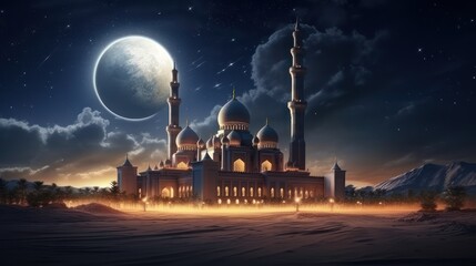 Domed mosque at night with moonlight, background illustration copy space Islamic holidays and the month of Ramadan.