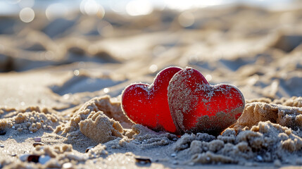 Obraz premium Two Hearts on a Sandy Beach Near the Ocean 