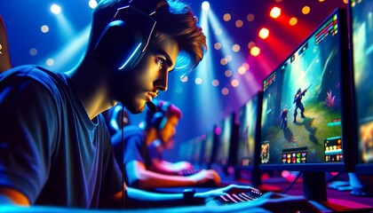 A gamer at an esports event, very focused, colorful lights on their face. They wear big headphones and look only at the game screen.
