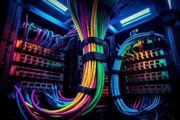 Fiber optic network hub and patch cables - obrazy, fototapety, plakaty