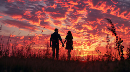 Silhouetted couple embraces at sunset, concept of love's timeless journey, valentine's day