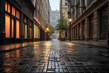 Foto op Plexiglas A paved street between buildings with sidewalks on both sides. Generative AI © Ethan