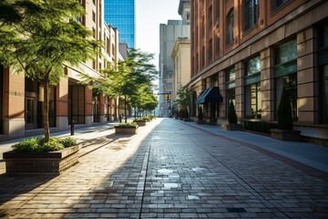 Fototapeta na wymiar A paved street between buildings with sidewalks on both sides. Generative AI