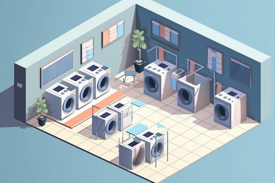 Isometric laundry room with washers. Generative AI