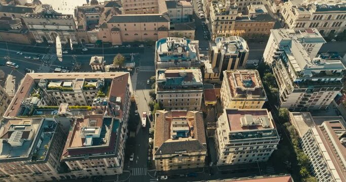 Aerial view of the urban cityscape of Rome, Italy. Bird's eye view panorama of the streets and districts of the capital with beautiful architecture and the tourist center of Europe. High quality 4k 