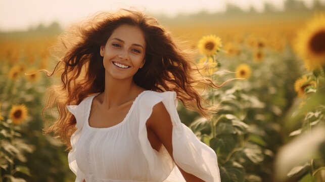 Beautiful woman in dress walking in sunflower field at hazy morning, beautiful flower field