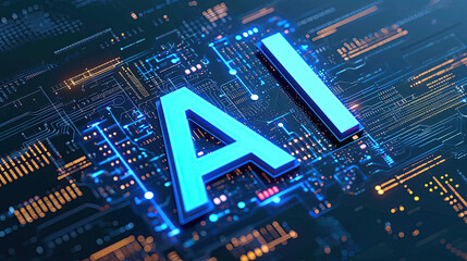 Blue AI bold text, artificial intelligence on a blue circuit board. To represent artificial intelligence.