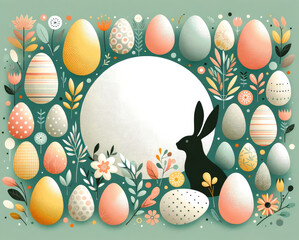 Easter greeting card with bunnies, doodles, flowers, easter eggs on pastel background