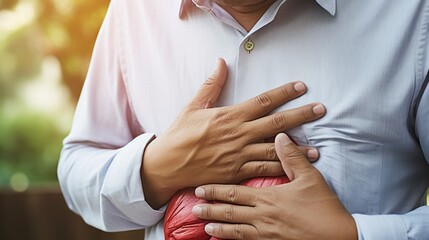 hand hold chest with heart attack symptoms, asian woman working hard have chest pain caused by heart disease, leak, dilatation, enlarged coronary heart, press on the chest with painful expression - obrazy, fototapety, plakaty