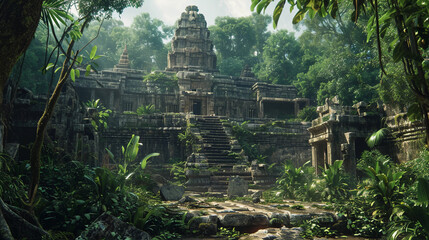 jungle archaeological site, where archaeologists are uncovering a long-lost civilization's temple - obrazy, fototapety, plakaty