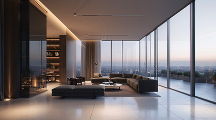 luxurious minimalistic living room,  floor to ceiling glass, sunlight