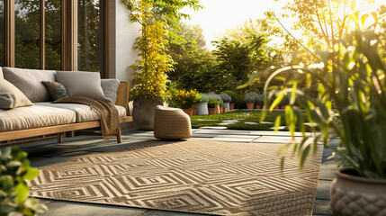 outdoor patio with a weather-resistant rug. The rug has a modern geometric pattern in earth tones, complementing the natural stone flooring and greenery surrounding the area