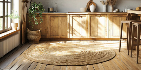 round, braided jute rug in a rustic kitchen. The natural fibers and circular shape of the rug contrast with the straight lines of the wooden floorboards and kitchen cabinets - obrazy, fototapety, plakaty