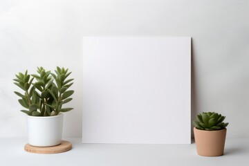 Blank paper copy space template with minimalist interior potted plant decoration. Stationary tempalte mock up.