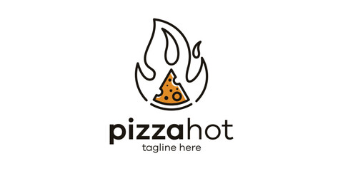 logo design combination of pizza shape with fire, hot pizza logo design, minimalist lines.