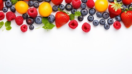 Beautiful strawberries blueberries tropical fruits white background