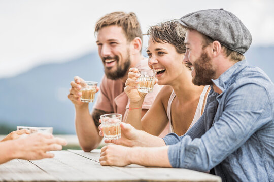 Freunde beim Anstossen auf H&uuml;ttenterrasse in den Bergen, Falkenmoosalm, &Ouml;sterreich