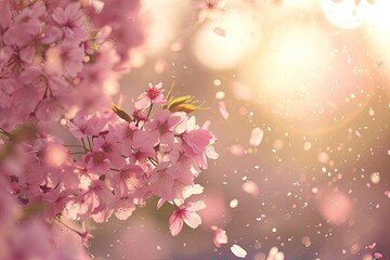 A close-up of a cherry blossom tree in soft sunlight with petals falling gently Cherry tree blossom in spring . Cherry blossom tree in bloom flowering macro detail