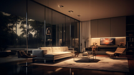 Obraz premium luxurious minimalistic living room, floor to ceiling glass, sunlight