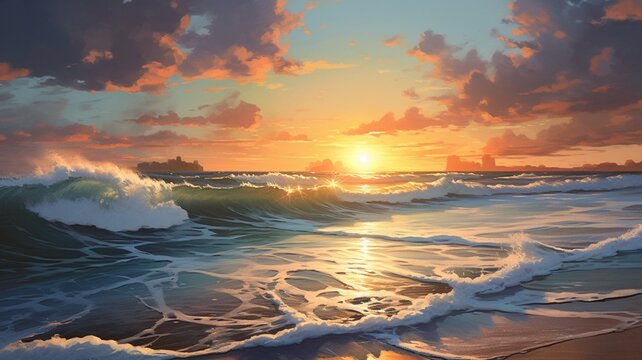 Beautiful sunrise sunset beach resort wave wallpaper