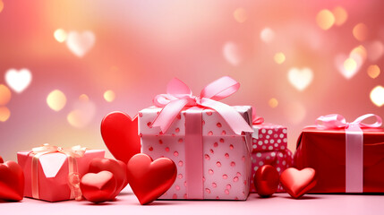 Gift boxes with bows and hearts on the background of bokeh effect.