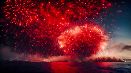 Red Fireworks explode in night sky. Waterfront fireworks, Colorful fireworks in the night sky.