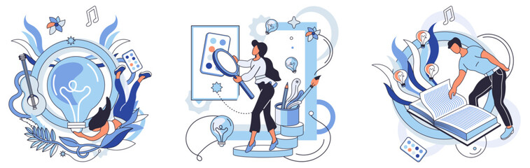 Artistic imagination vector illustration. Imagination, architect art, designs intricate blueprints materialize into tangible creations Artistic creativity, dance ideas, choreographs movement brush