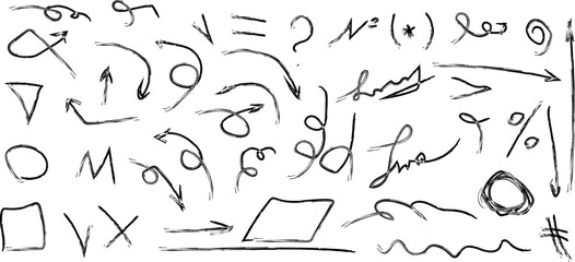 Hand drawn freehand Grunge Charcoal arrows vector icons set. Different curved lines, swirls arrows. Doodle marker drawing Direction pointers. Marker stroke. Vector illustration.