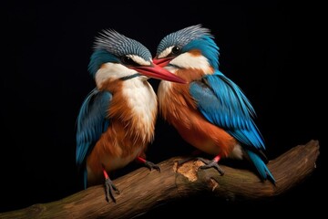 Two kingfishers touch beaks affectionately. Generative AI