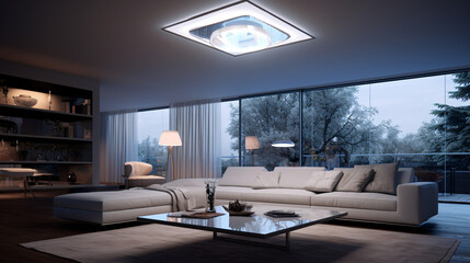 luxurious minimalistic living room,  floor to ceiling glass, sunlight