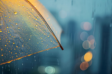 Golden Umbrella Glistening in the Rainy City Twilight