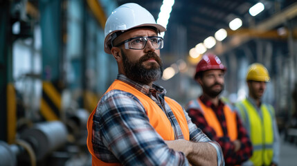 Group of construction workers in a manufacturing setting, with a focus on a bearded man in the foreground - obrazy, fototapety, plakaty