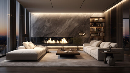 luxurious minimalistic living room,  floor to ceiling glass, sunlight