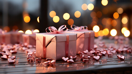 Pink gift boxes with pink bows on the background of bokeh effect.