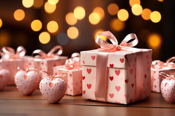 Pink gift boxes with pink bows and hearts on the background of bokeh effect.