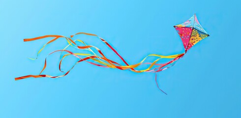 Kite with ribbons on blue background. Concept of play and fun time.