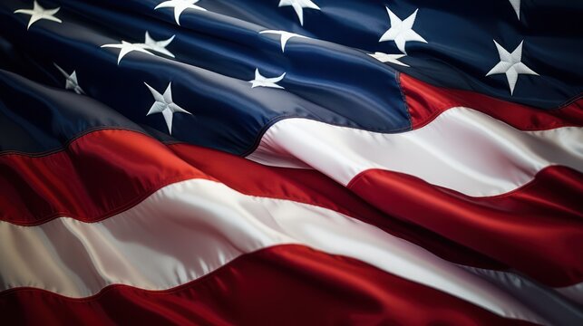 Close up view of american waving flag, stars and red and white stripes. American independence day background wallpaper.
