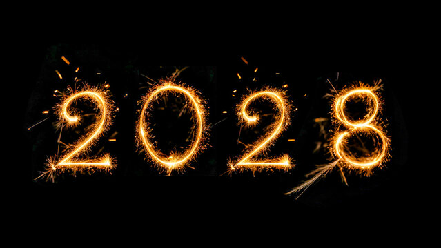 Happy New Year 2028, Sparkling burning text Happy New Year 2028 isolated on black background
