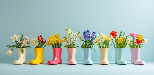 Rubber boots with flowers on a blue background. The concept of spring renewal.