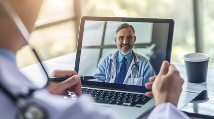 A professional doctor offering expert advice and care through modern telehealth technology, using a laptop or tablet.