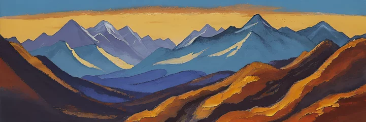 Foto op Canvas Beautiful alpine landscape. Panoramas of the Himalayas. Bright colorful panorama of nature. High mountains. Drawing with a brush and paints. Hand painting. © derplan13